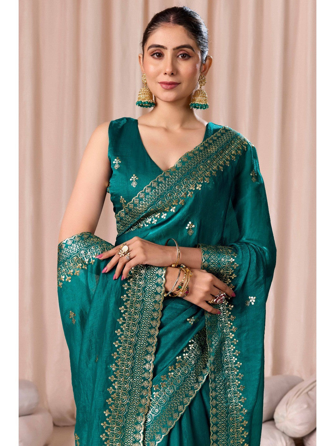 Elegant Teal Green Organza Chiffon Silk Saree with Embroidered Border - Image 5