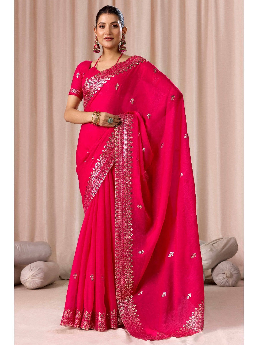 Elegant Pink Organza Chiffon Silk Saree with Embroidered Border - Image 1