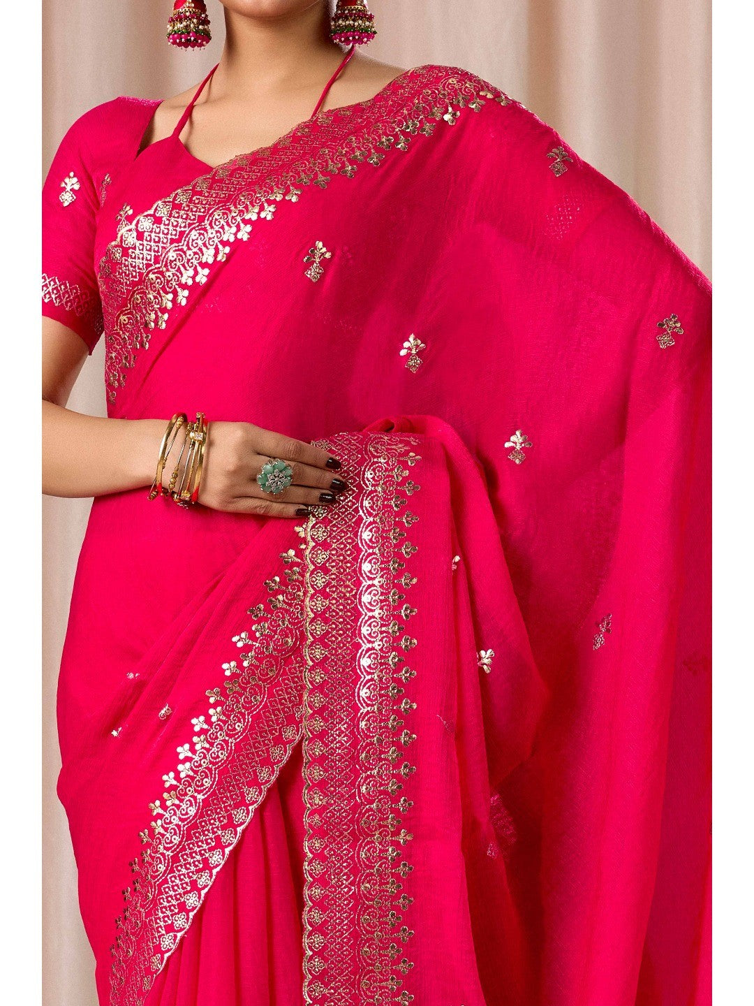 Elegant Pink Organza Chiffon Silk Saree with Embroidered Border - Image 8