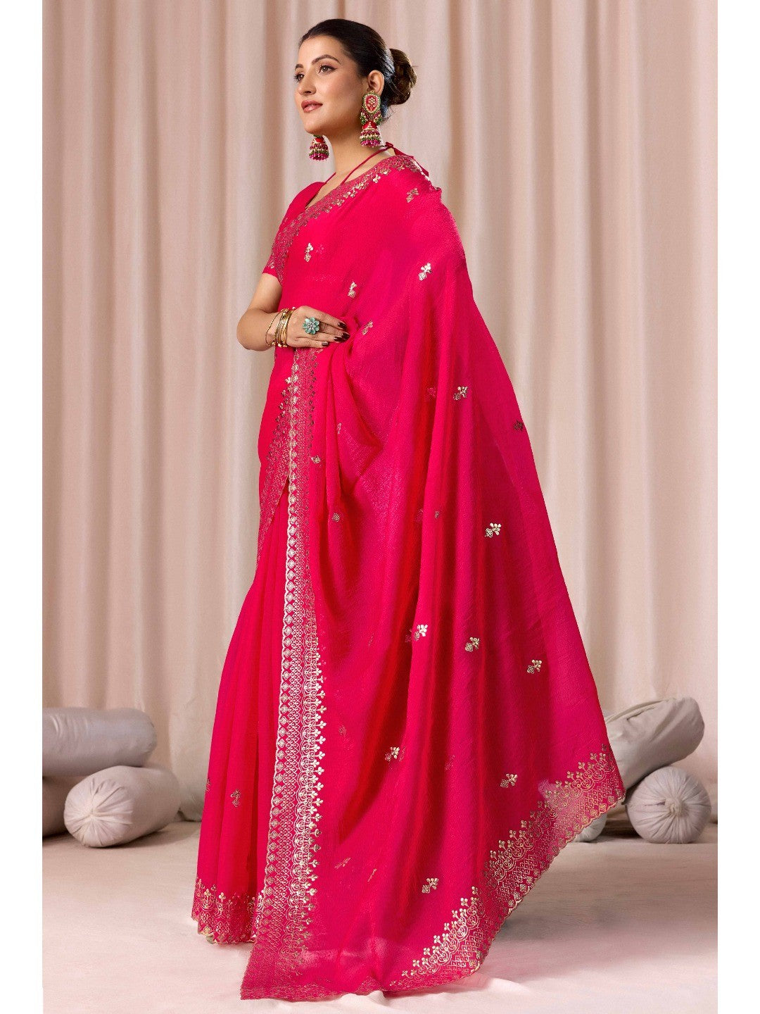 Elegant Pink Organza Chiffon Silk Saree with Embroidered Border - Image 3