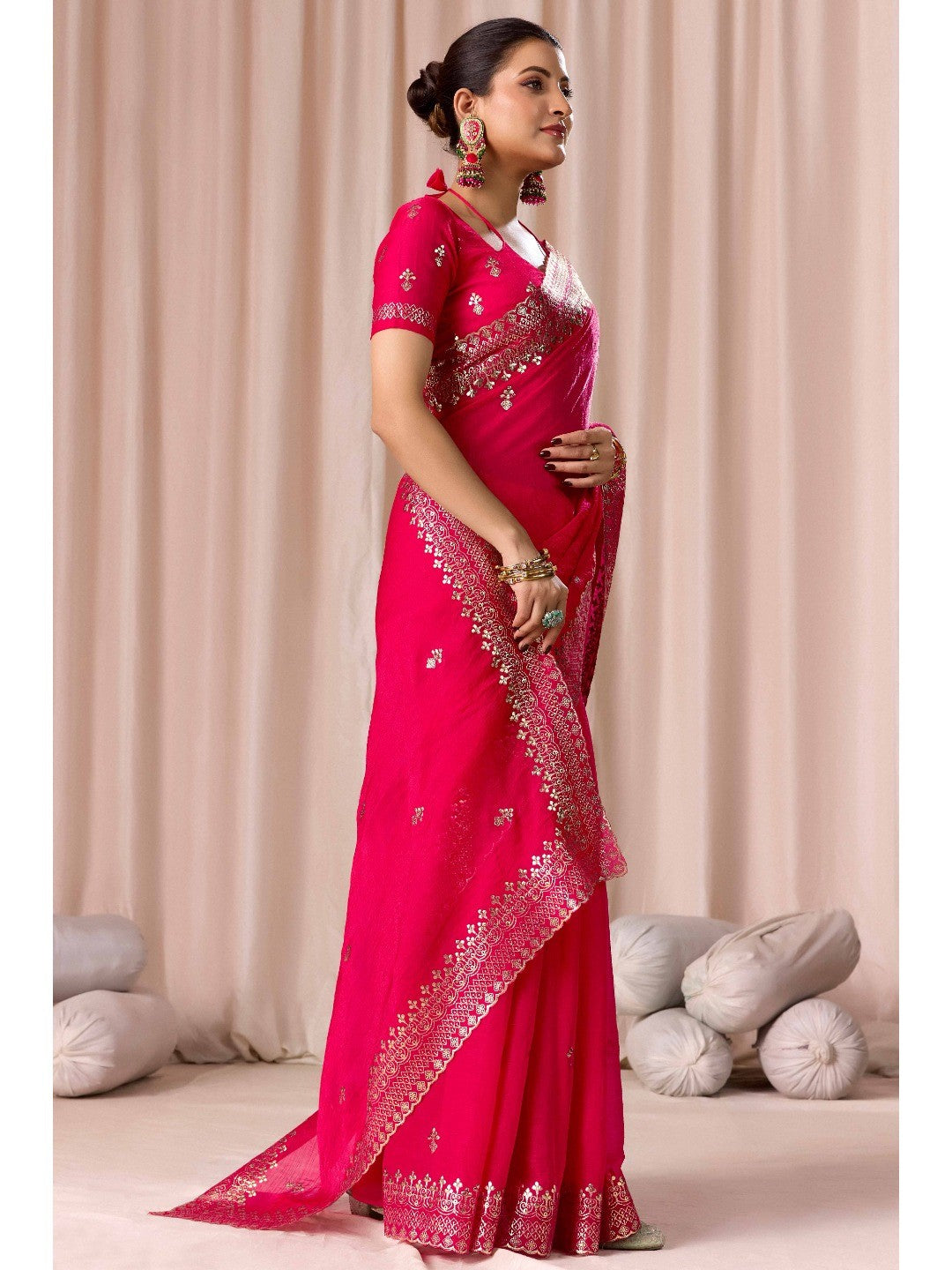 Elegant Pink Organza Chiffon Silk Saree with Embroidered Border - Image 7