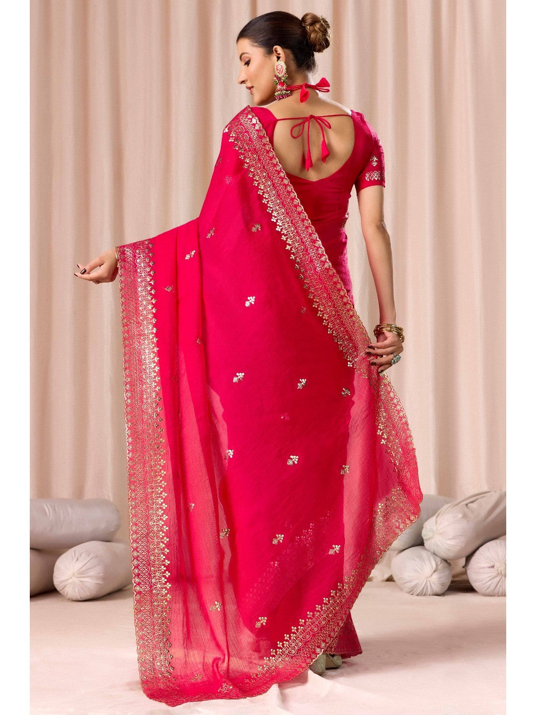 Elegant Pink Organza Chiffon Silk Saree with Embroidered Border - Image 5