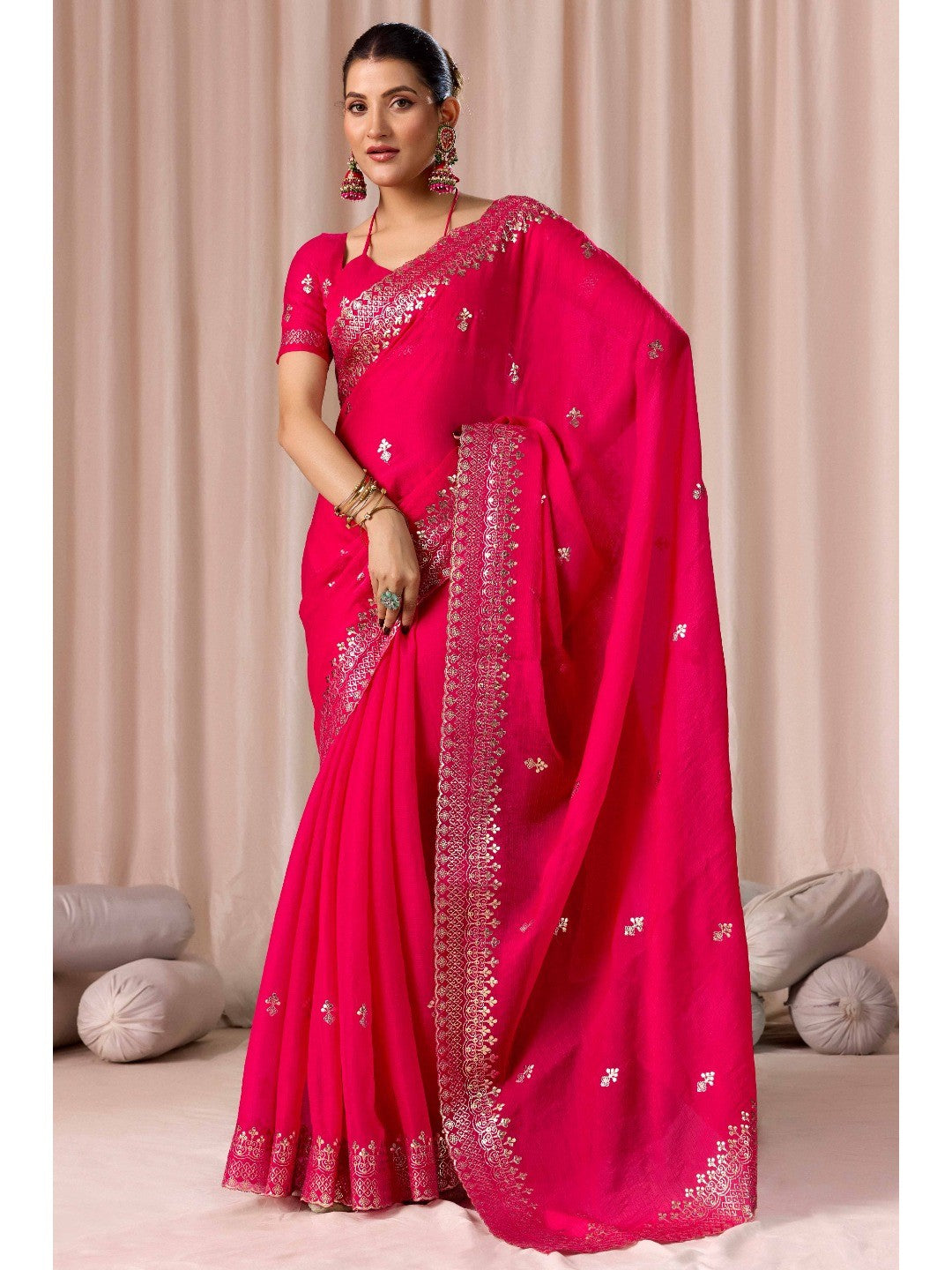 Elegant Pink Organza Chiffon Silk Saree with Embroidered Border - Image 6