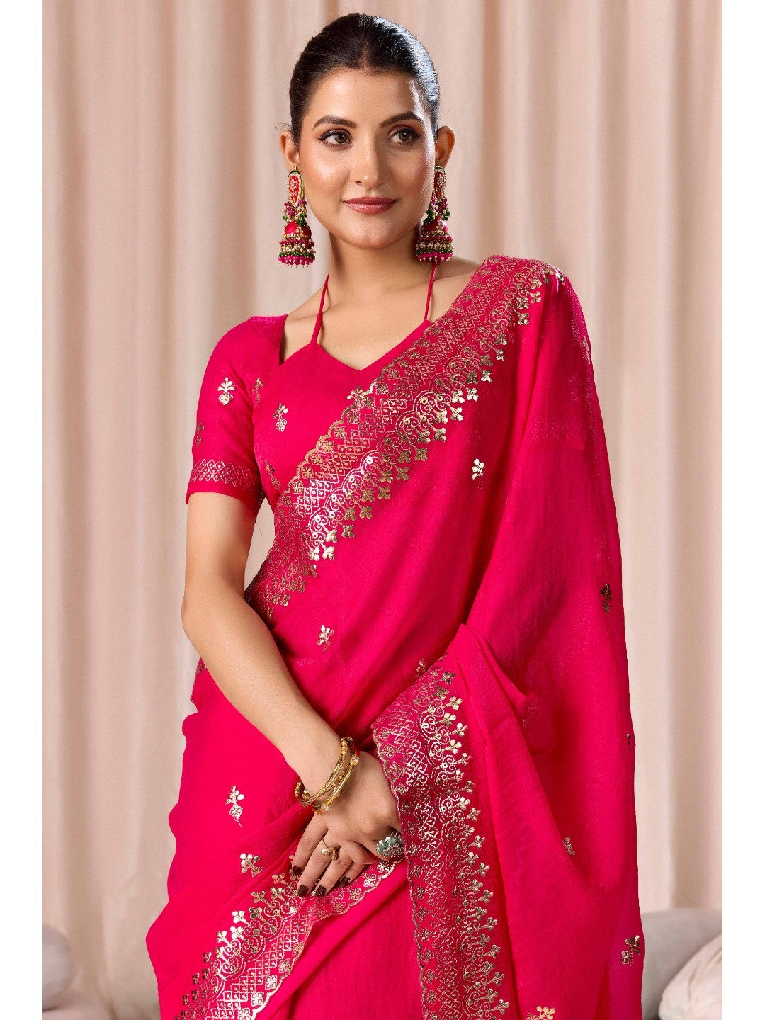 Elegant Pink Organza Chiffon Silk Saree with Embroidered Border - Image 6