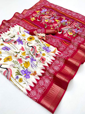 Elegant Offwhite Kalamkari Printed Tussar Silk Saree with Pink Border - Image 2