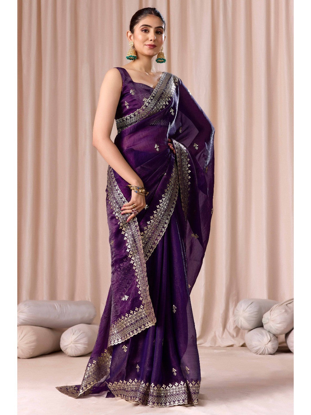 Elegant Purple Organza Chiffon Silk Saree with Embroidered Border - Image 1