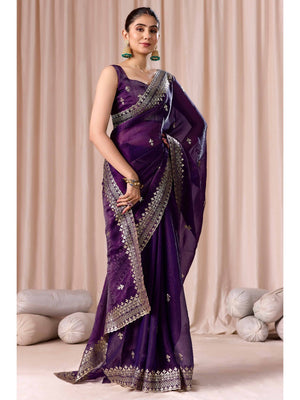 Elegant Purple Organza Chiffon Silk Saree with Embroidered Border - Image 1