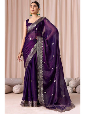 Elegant Purple Organza Chiffon Silk Saree with Embroidered Border - Image 2