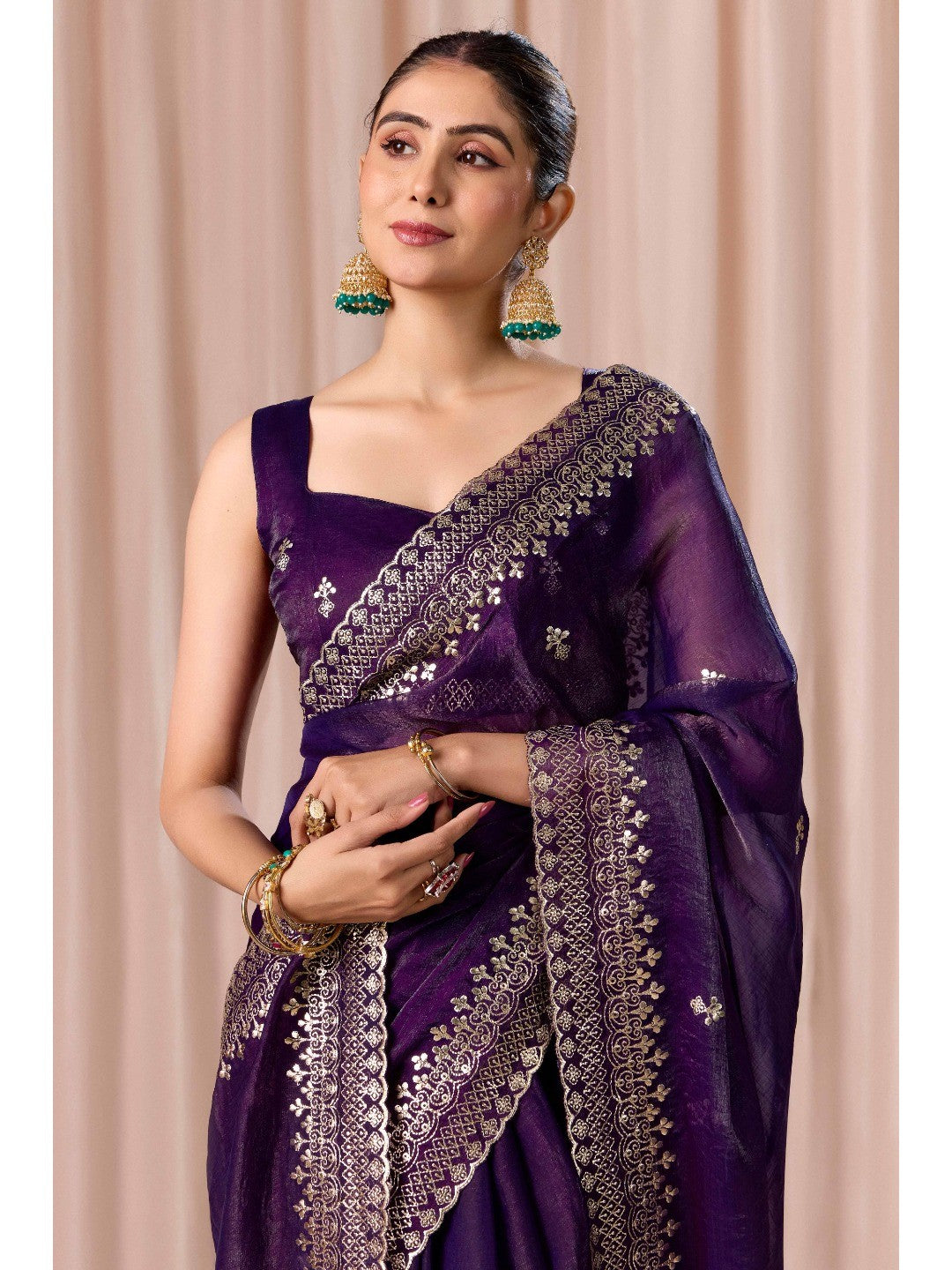 Elegant Purple Organza Chiffon Silk Saree with Embroidered Border - Image 6