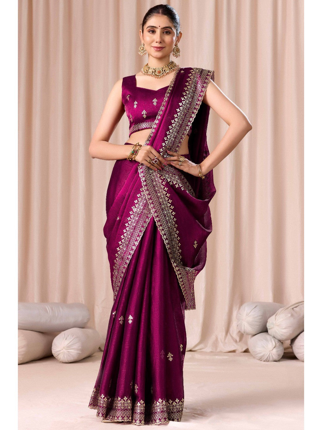 Elegant Magenta Organza Chiffon Silk Saree with Embroidered Border - Image 1