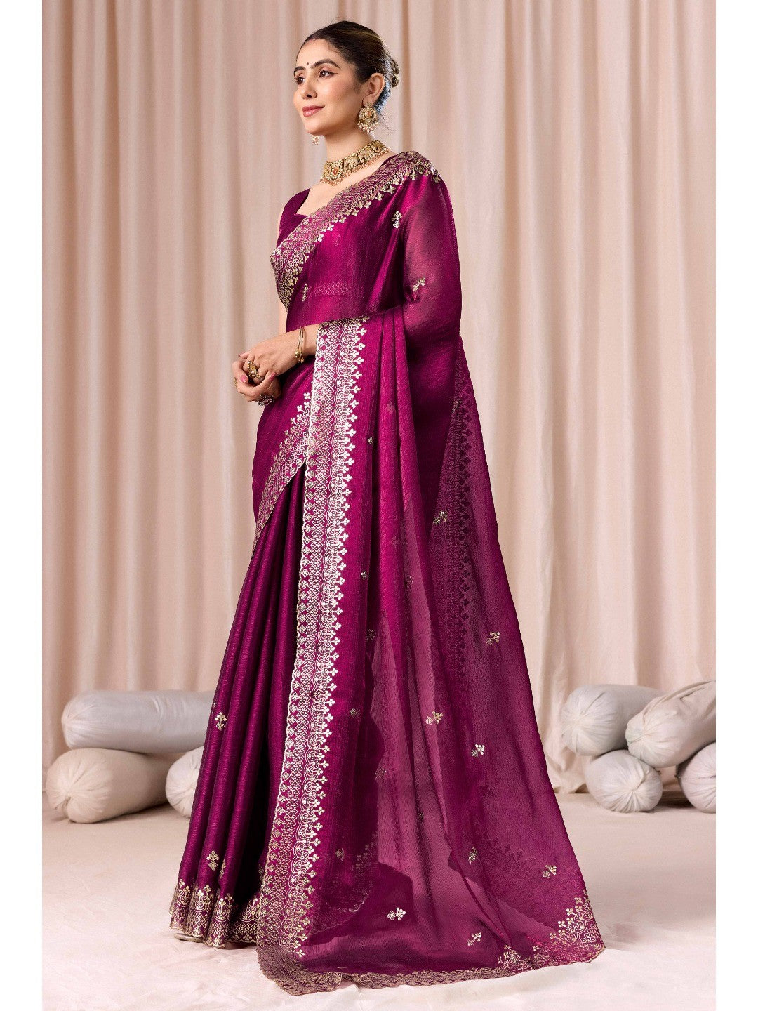 Elegant Magenta Organza Chiffon Silk Saree with Embroidered Border - Image 2