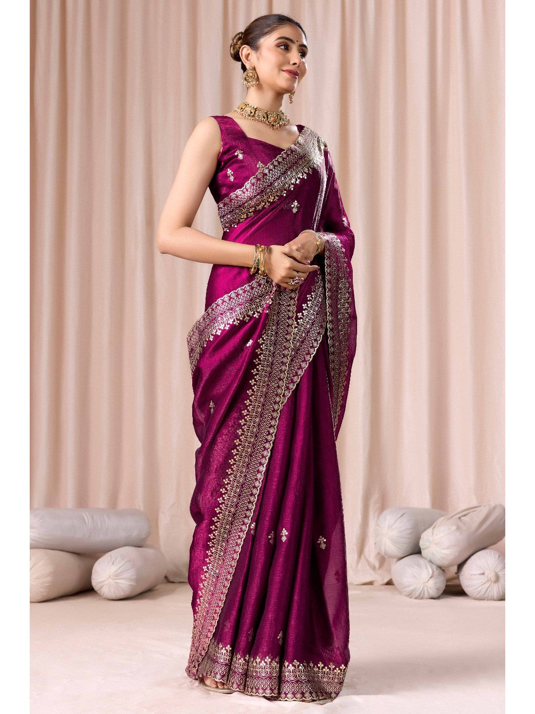 Elegant Magenta Organza Chiffon Silk Saree with Embroidered Border - Image 8