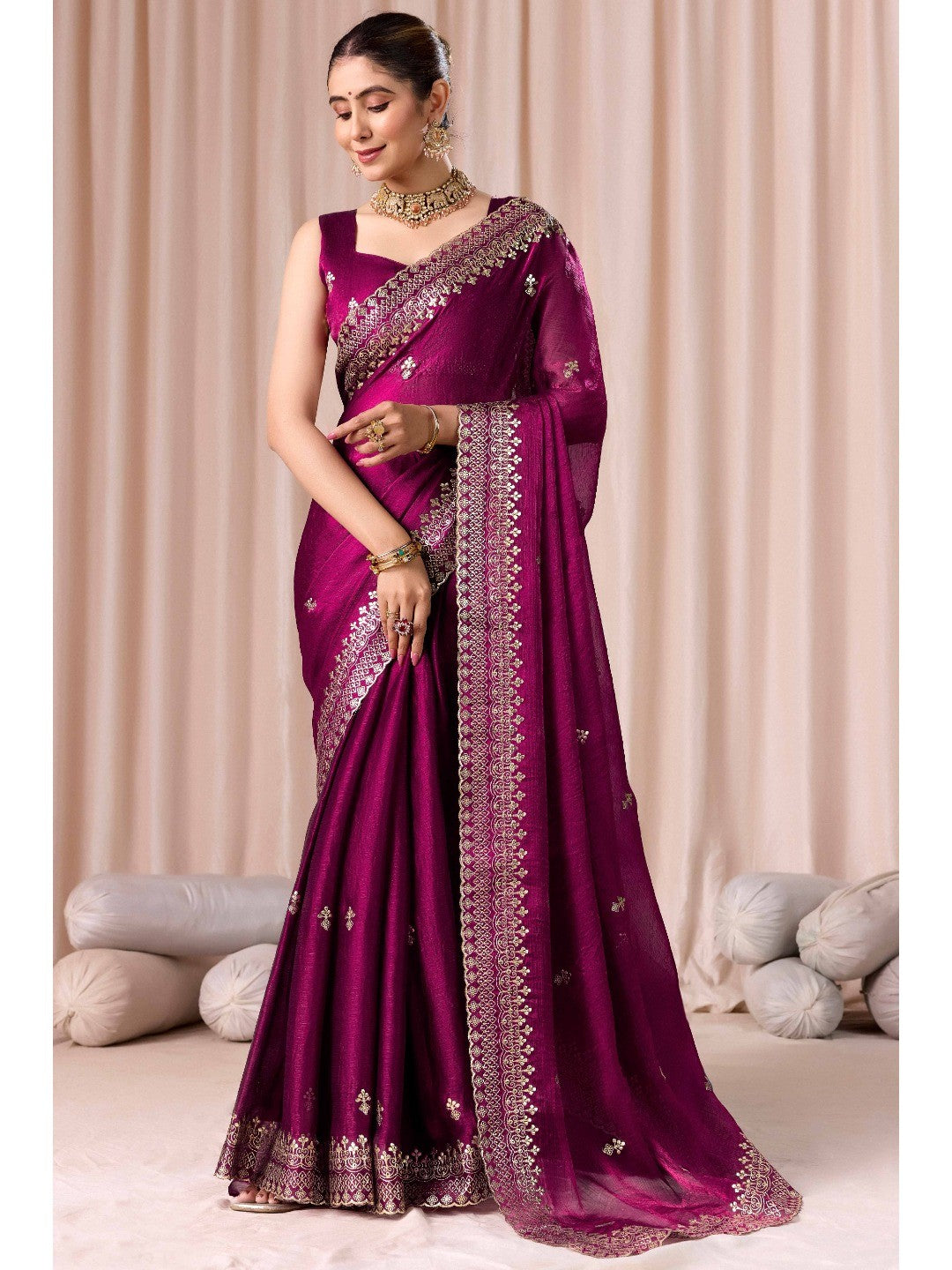 Elegant Magenta Organza Chiffon Silk Saree with Embroidered Border - Image 5