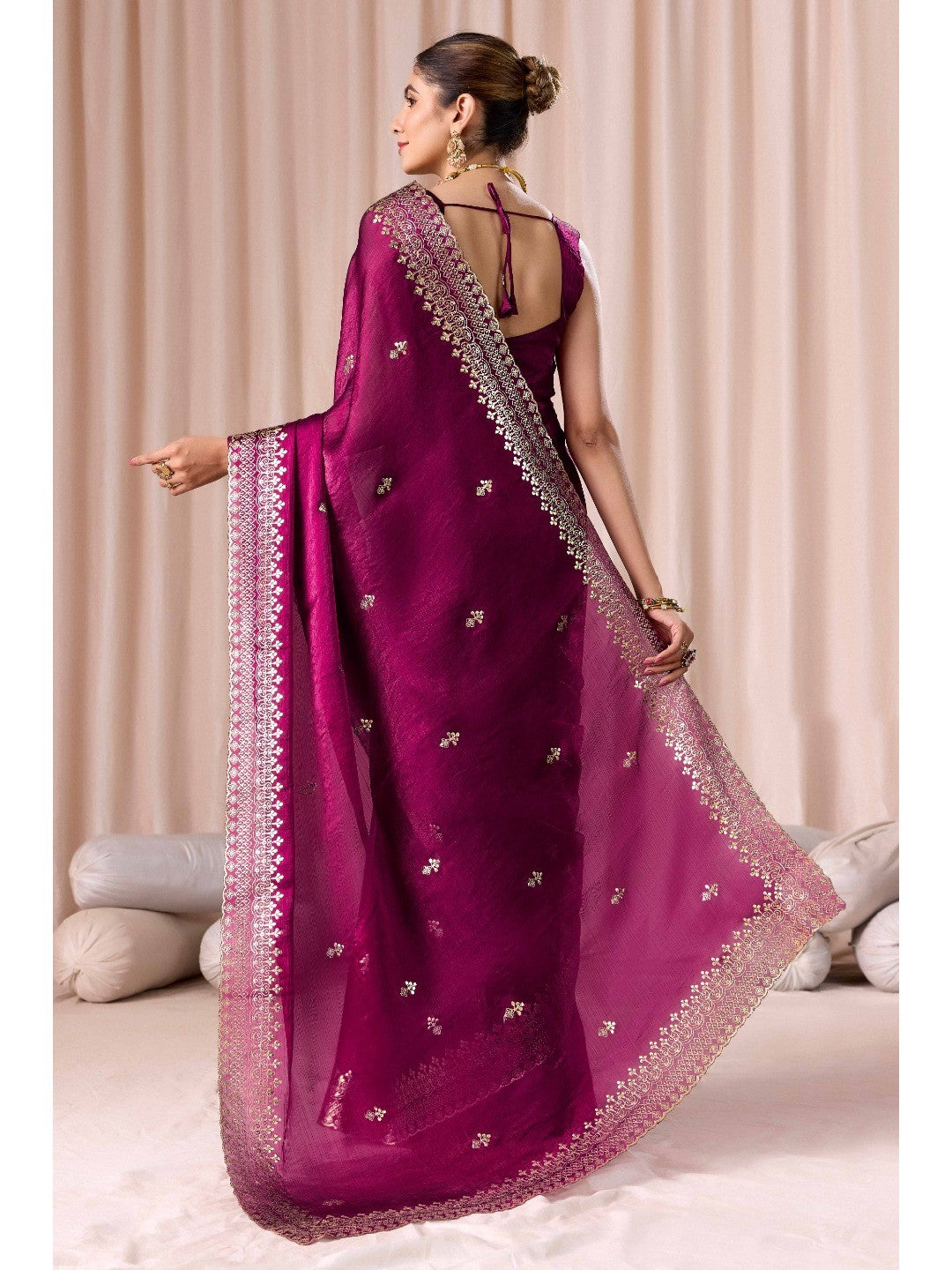 Elegant Magenta Organza Chiffon Silk Saree with Embroidered Border - Image 3