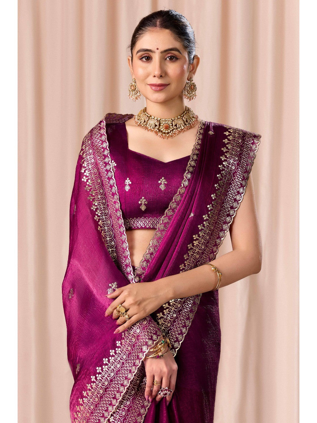 Elegant Magenta Organza Chiffon Silk Saree with Embroidered Border - Image 6