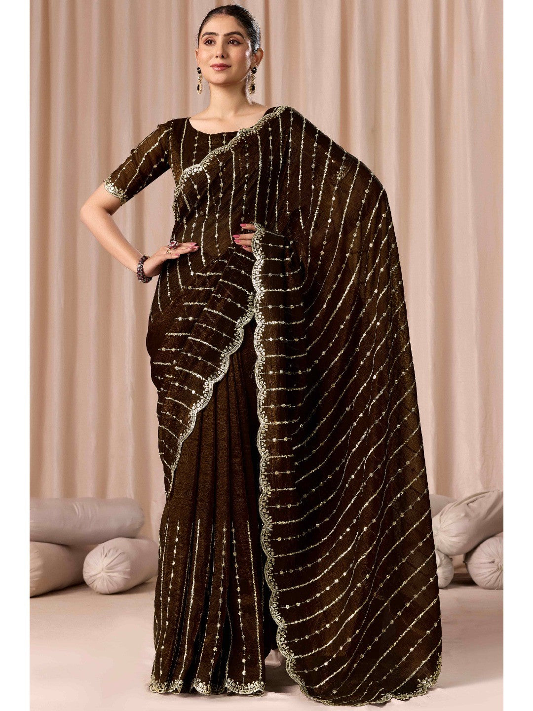 Coffee Brown Crunchy Saree with Silver Embellishments - Image 1