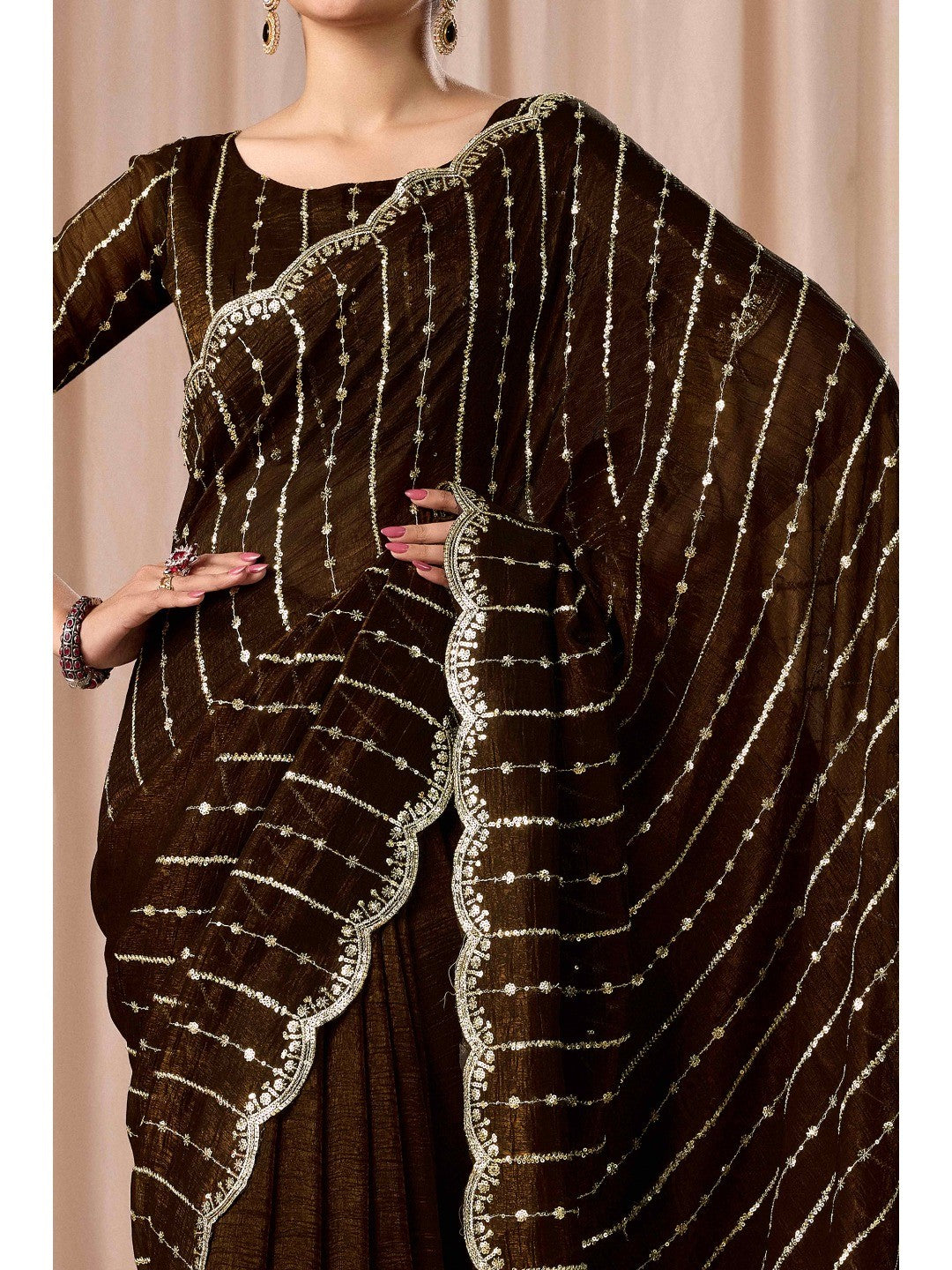 Coffee Brown Crunchy Saree with Silver Embellishments - Image 3