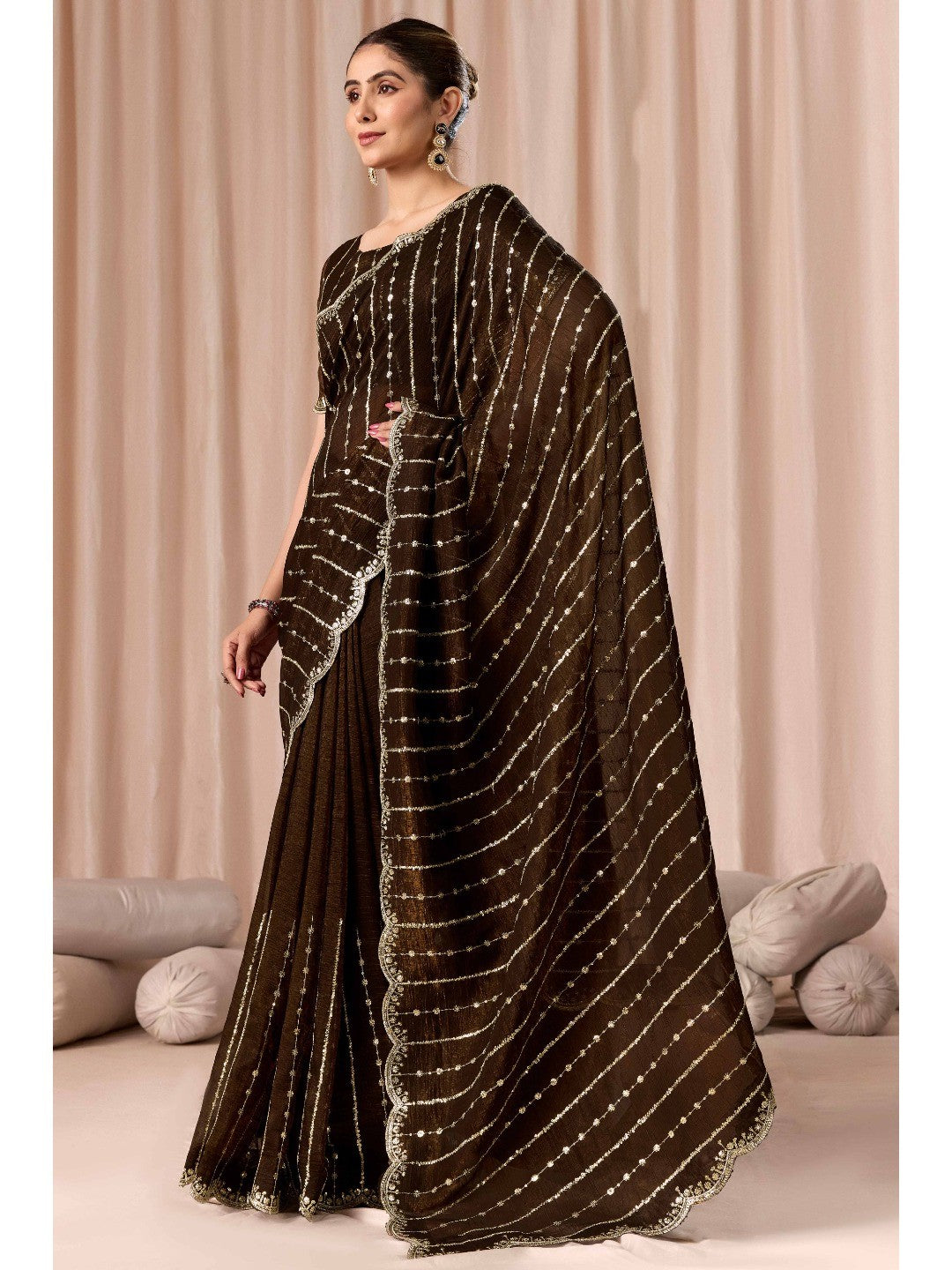 Coffee Brown Crunchy Saree with Silver Embellishments - Image 6