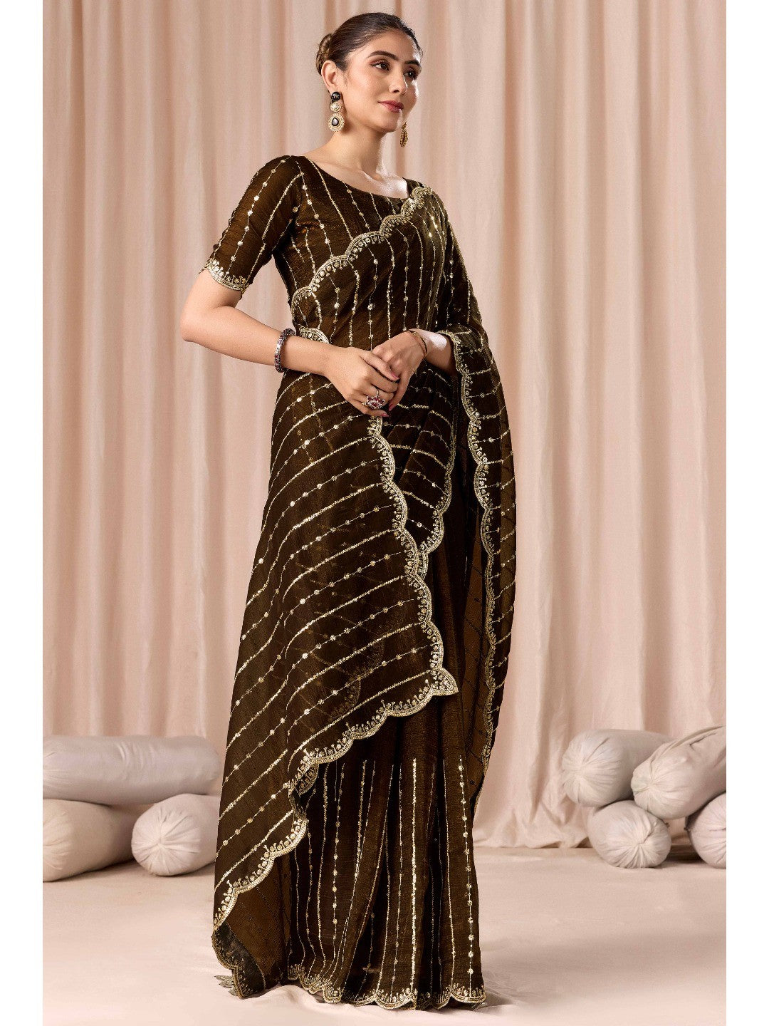 Coffee Brown Crunchy Saree with Silver Embellishments - Image 4