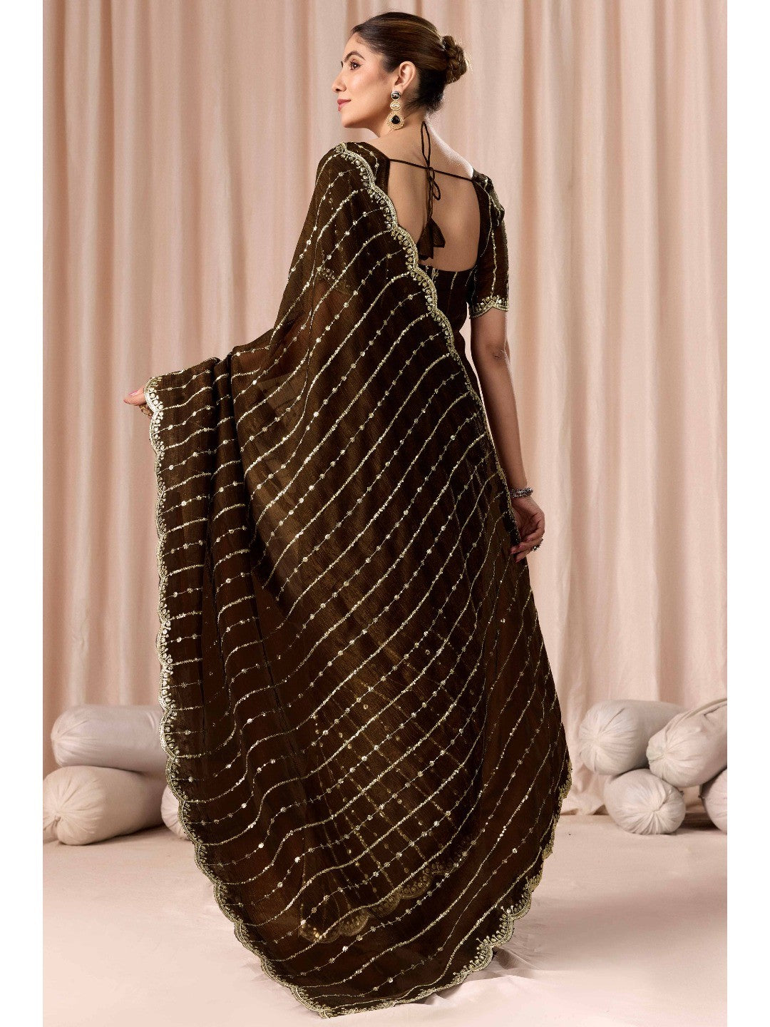 Coffee Brown Crunchy Saree with Silver Embellishments - Image 5