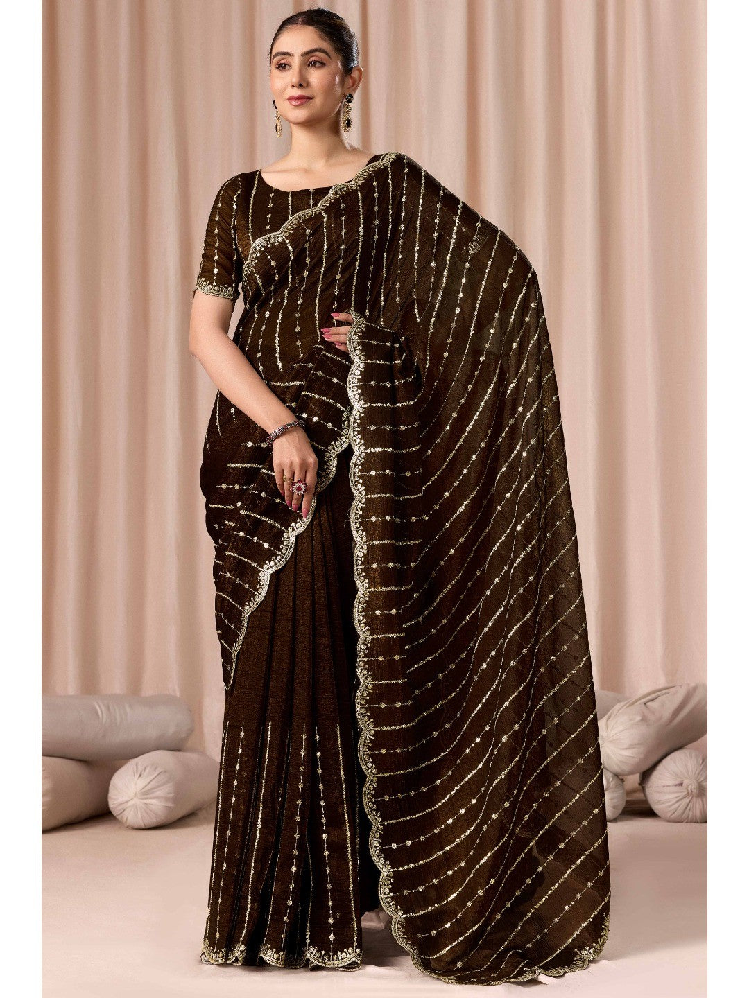 Coffee Brown Crunchy Saree with Silver Embellishments - Image 6