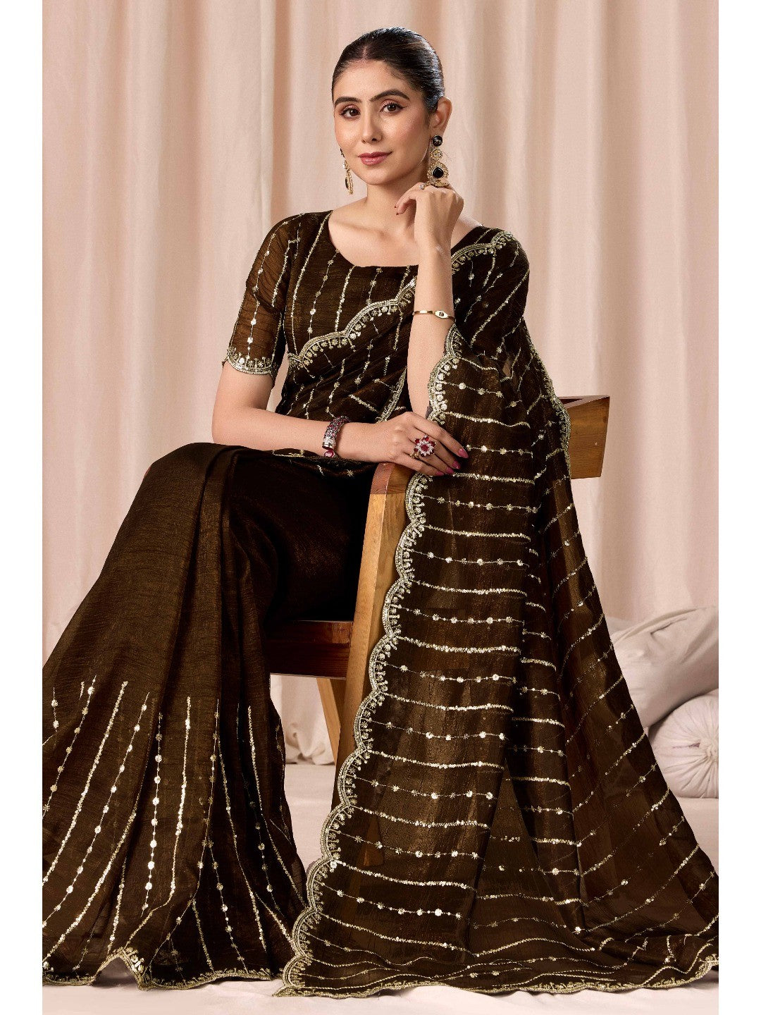 Coffee Brown Crunchy Saree with Silver Embellishments - Image 2