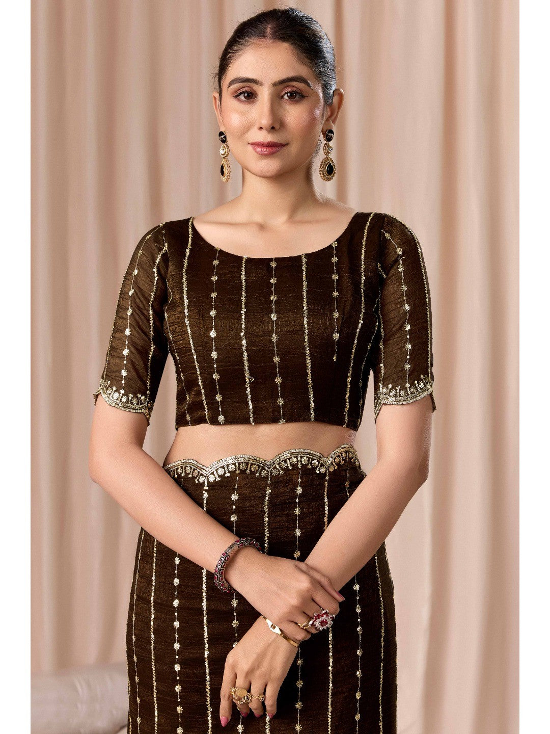 Coffee Brown Crunchy Saree with Silver Embellishments - Image 5