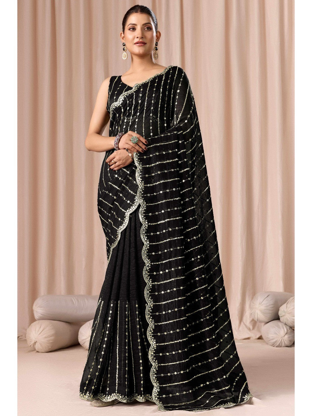 Black Crunchy Saree with Silver Embellishments - Image 1