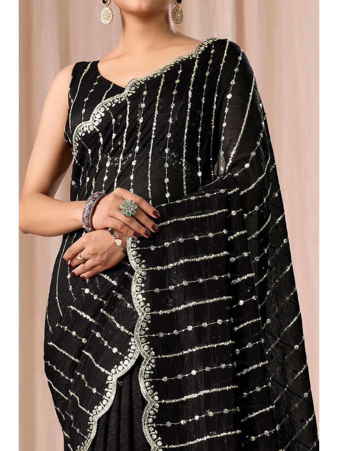 Black Crunchy Saree with Silver Embellishments - Image 2