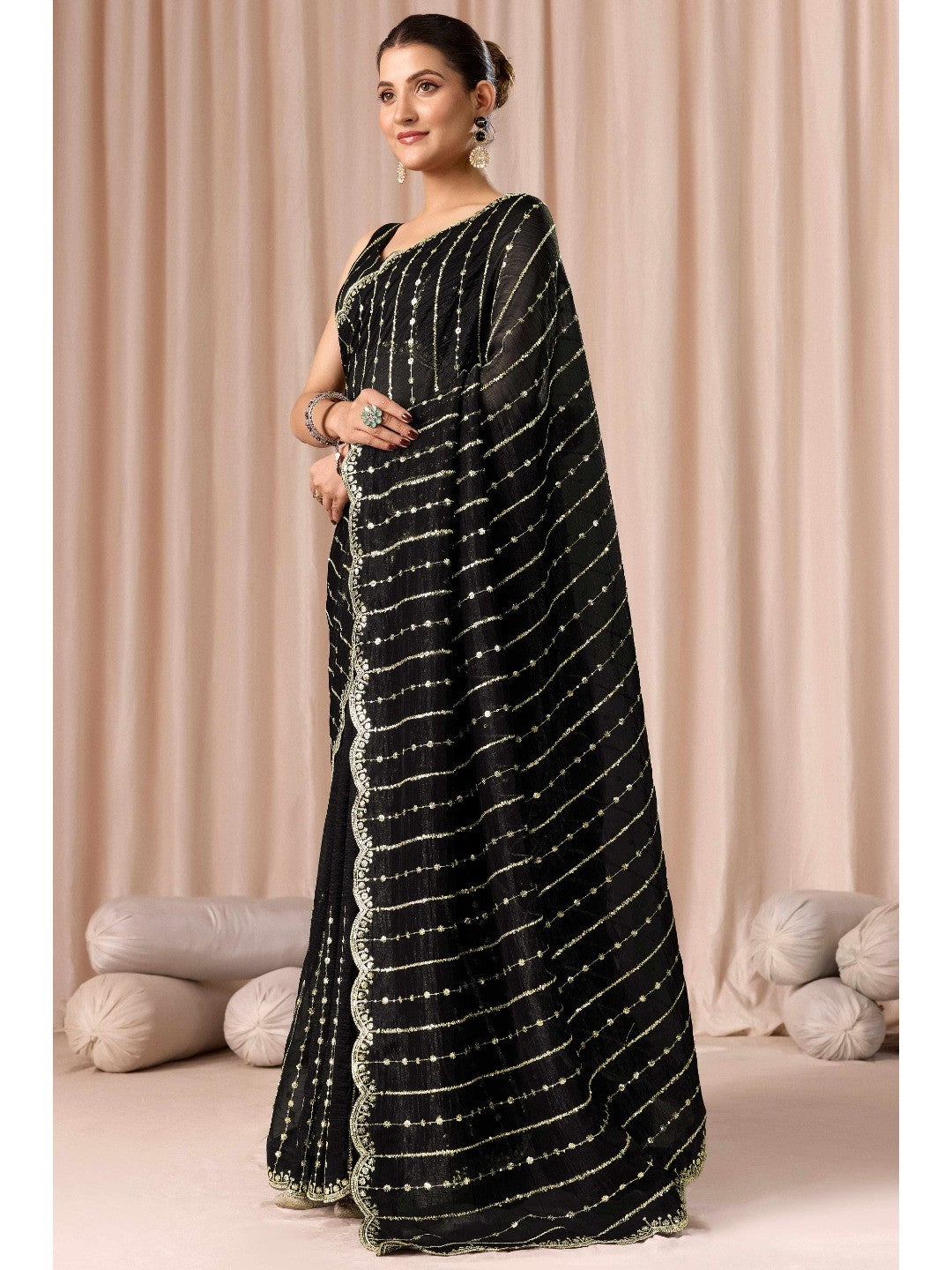 Black Crunchy Saree with Silver Embellishments - Image 3