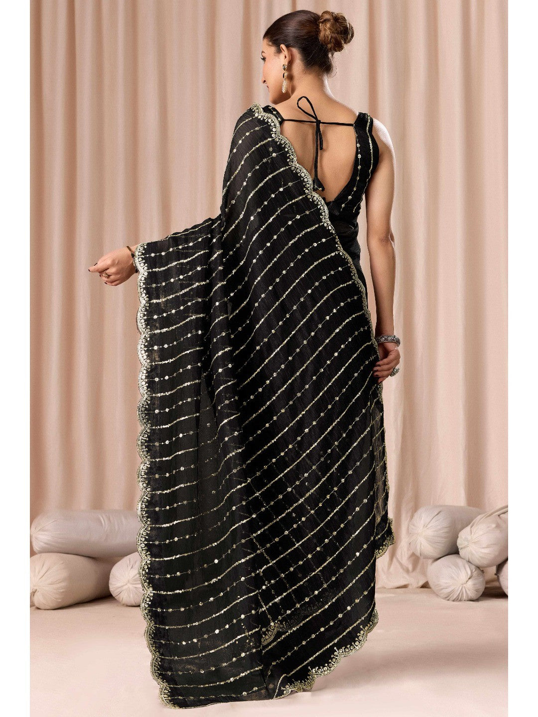 Black Crunchy Saree with Silver Embellishments - Image 5