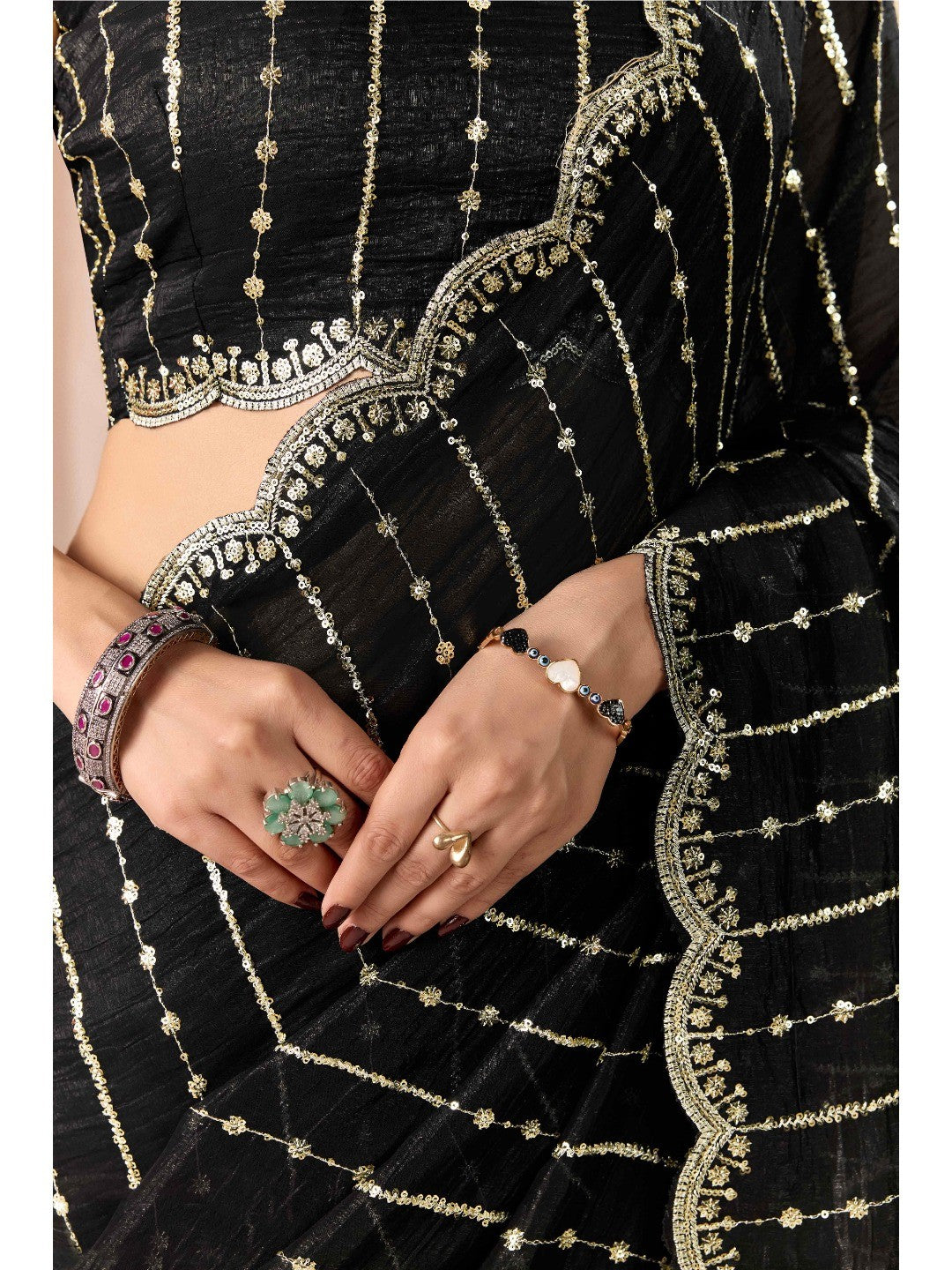 Black Crunchy Saree with Silver Embellishments - Image 5