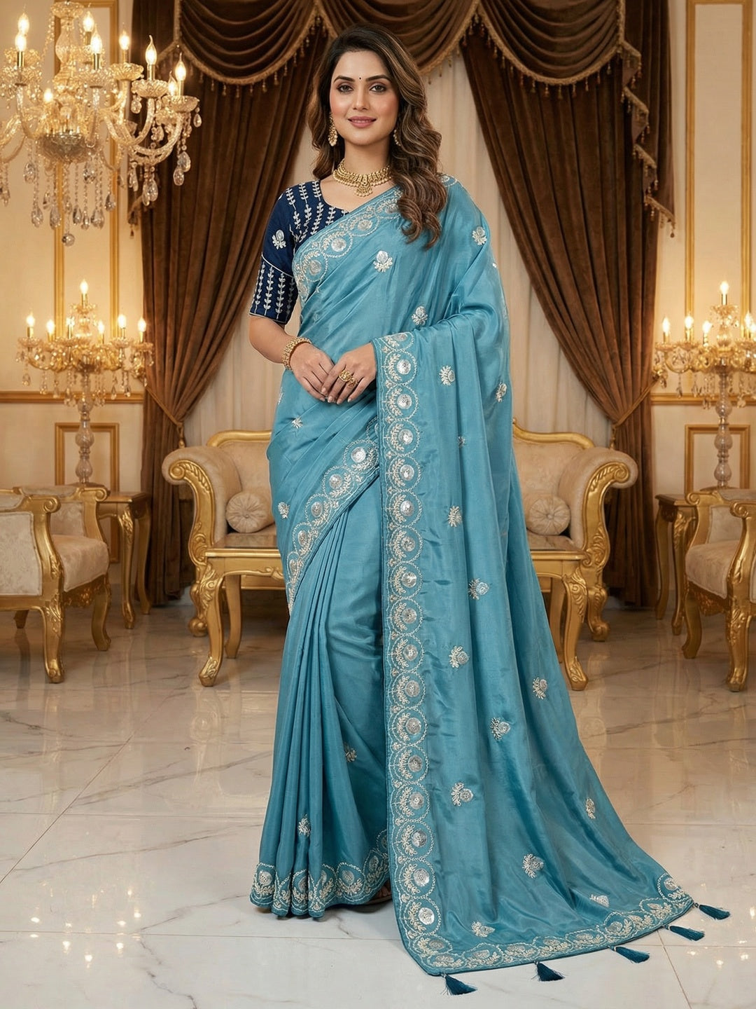 Luxurious Blue Crepe Saree Featuring Floral Sequins Embroidery & Designer Tassel Pallu - Image 1