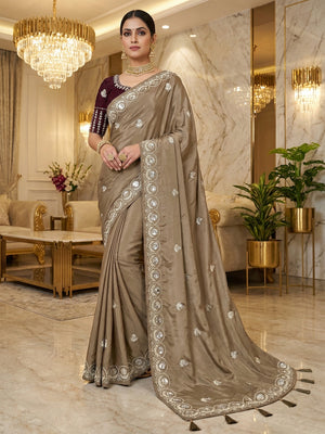 Luxurious Brown Crepe Saree Featuring Floral Sequins Embroidery & Designer Tassel Pallu - Image 1