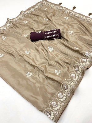 Luxurious Brown Crepe Saree Featuring Floral Sequins Embroidery & Designer Tassel Pallu - Image 2