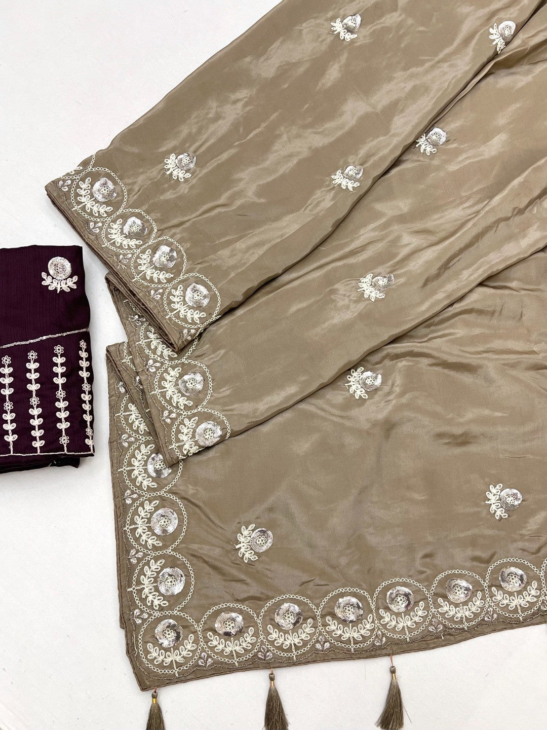 Luxurious Brown Crepe Saree Featuring Floral Sequins Embroidery & Designer Tassel Pallu - Image 3