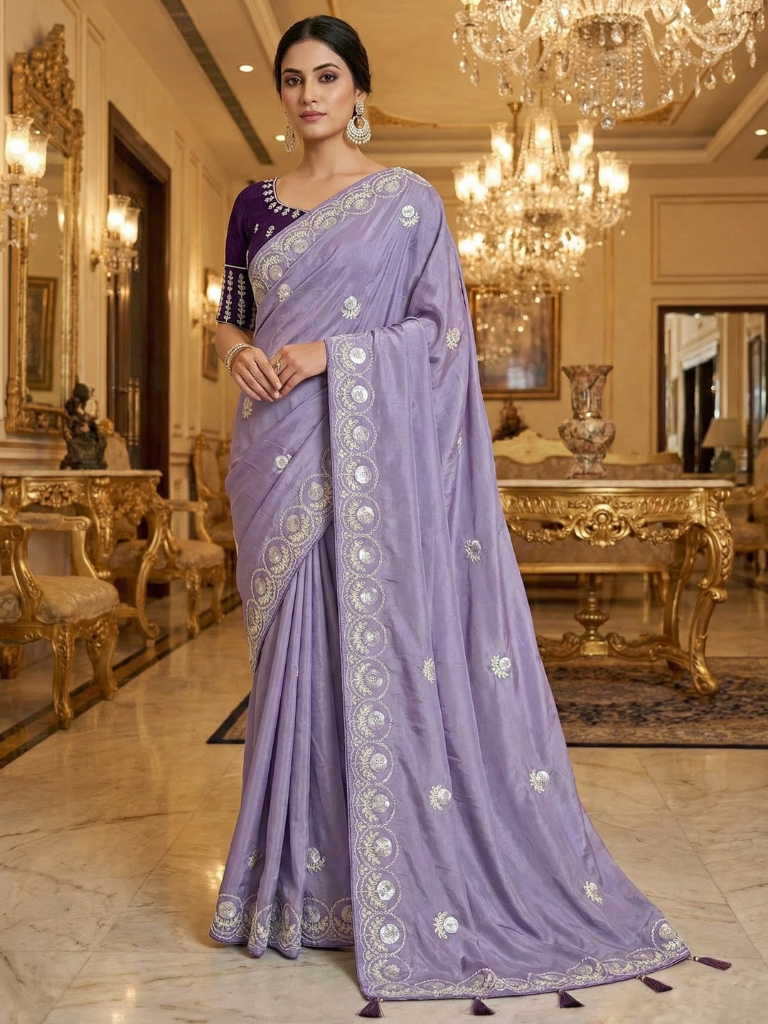 Luxurious Lavender Crepe Saree Featuring Floral Sequins Embroidery & Designer Tassel Pallu - Image 1