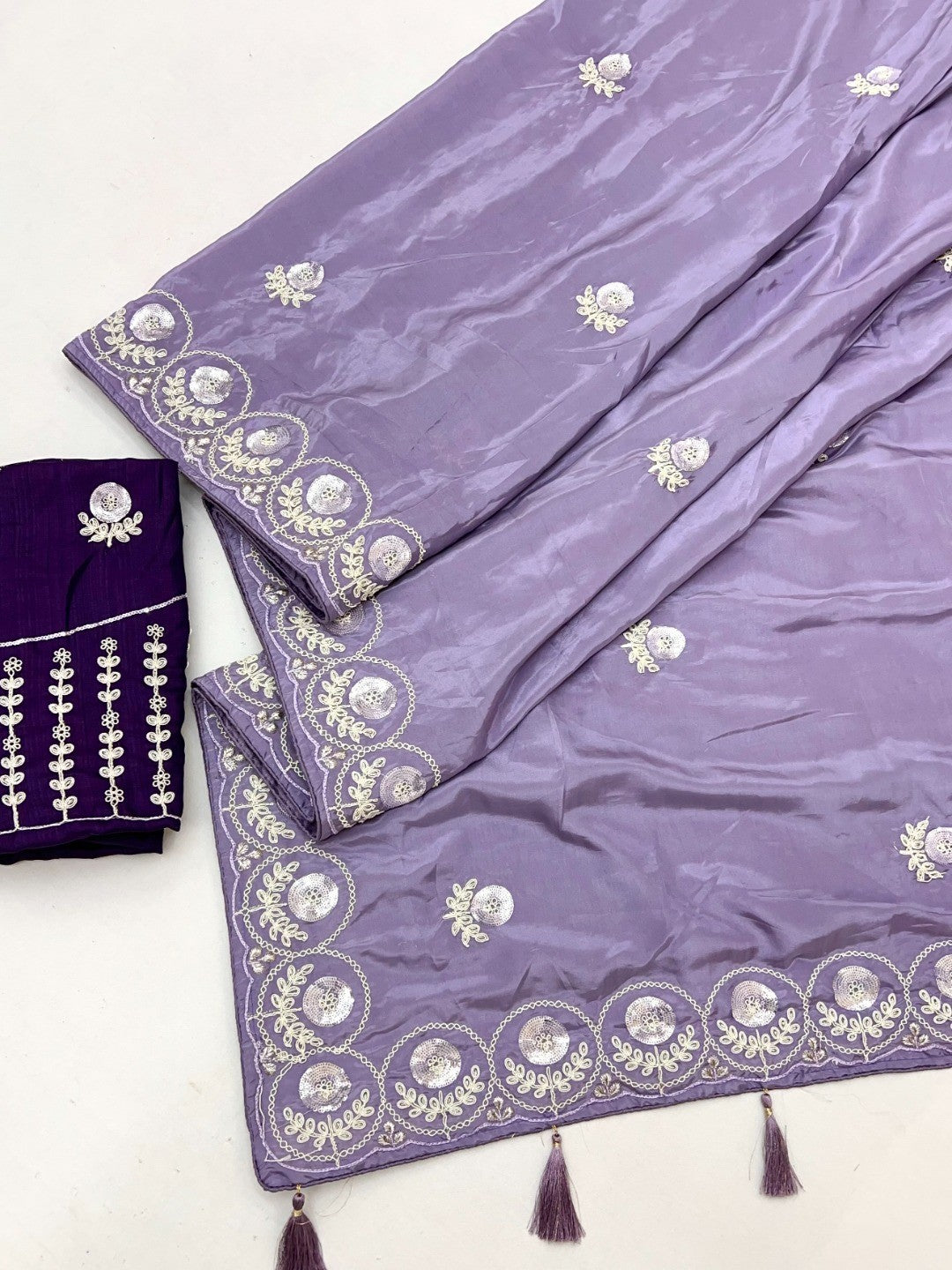 Luxurious Lavender Crepe Saree Featuring Floral Sequins Embroidery & Designer Tassel Pallu - Image 3