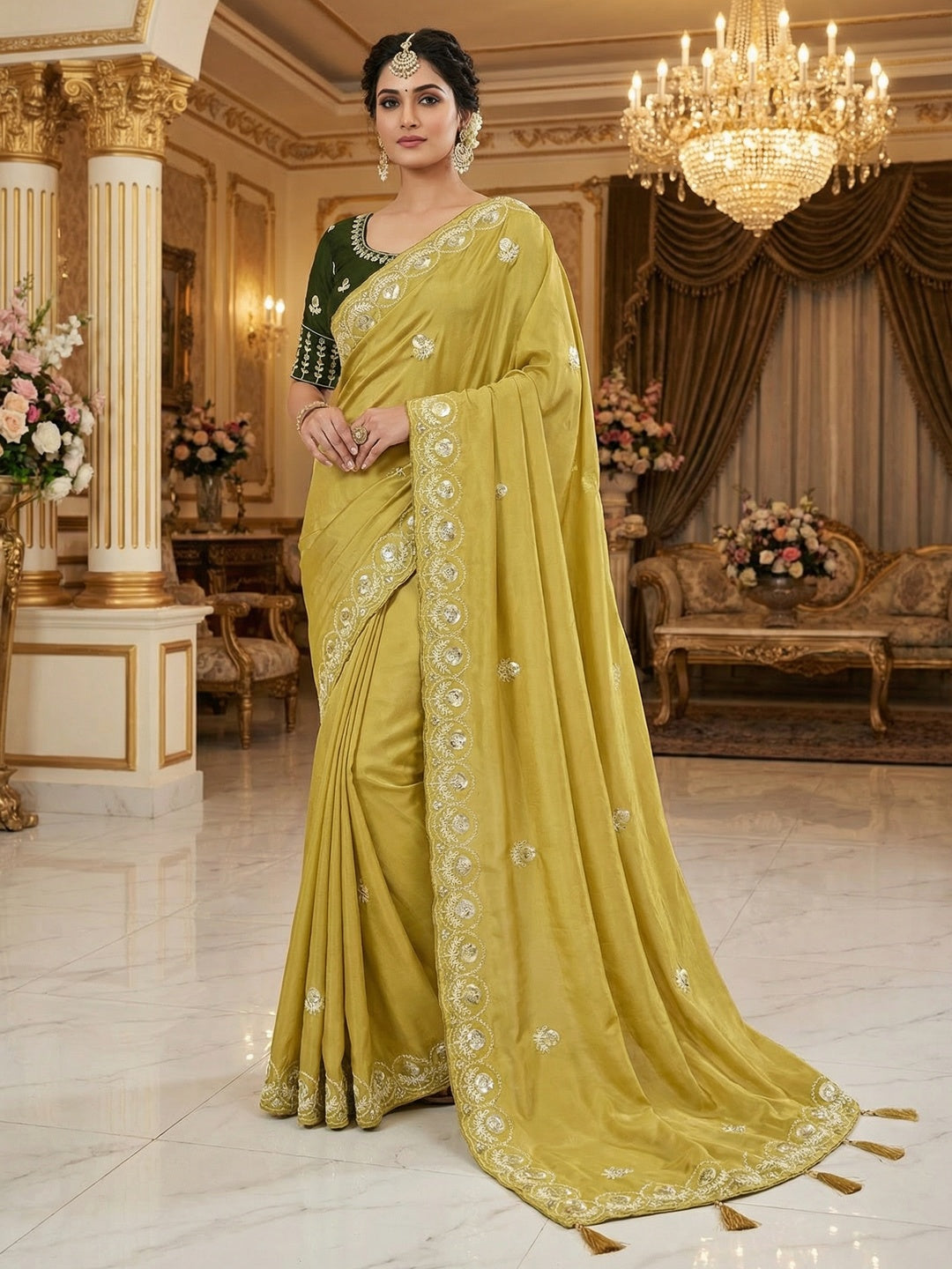 Luxurious Mustard Crepe Saree Featuring Floral Sequins Embroidery & Designer Tassel Pallu - Image 1