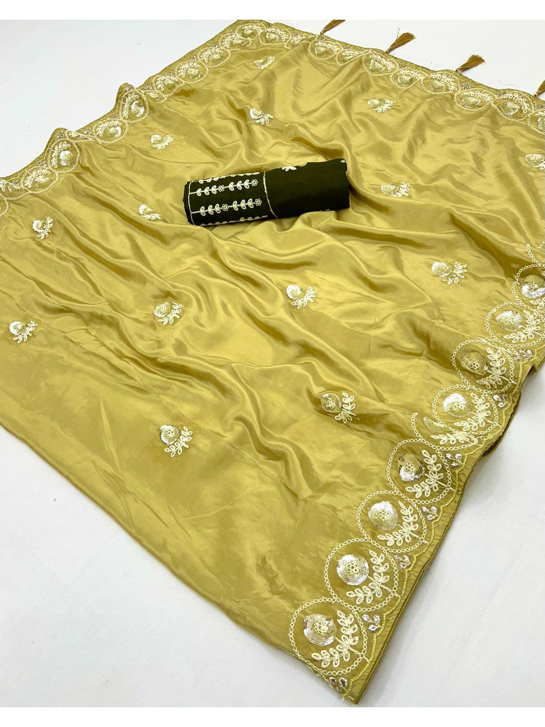 Luxurious Mustard Crepe Saree Featuring Floral Sequins Embroidery & Designer Tassel Pallu - Image 2