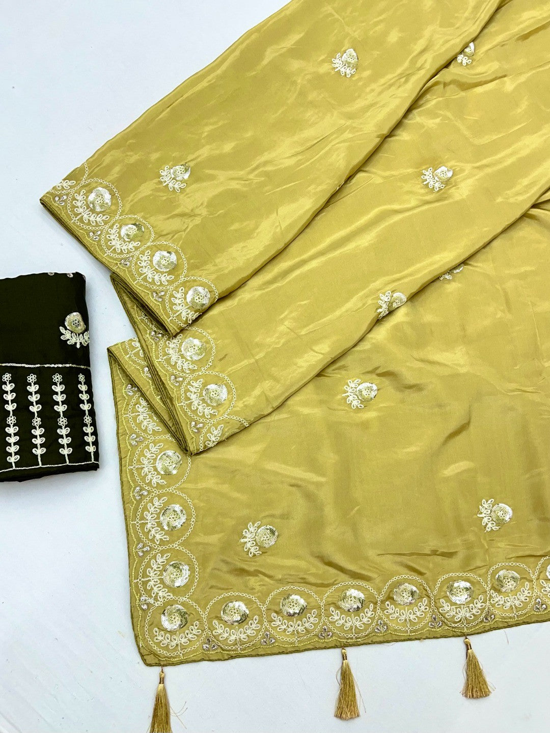 Luxurious Mustard Crepe Saree Featuring Floral Sequins Embroidery & Designer Tassel Pallu - Image 3