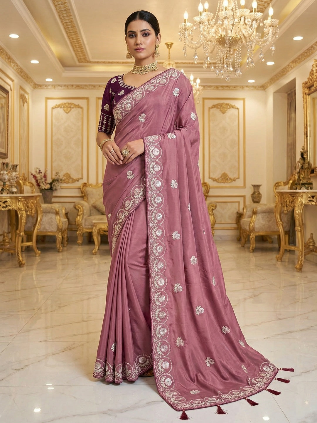 Luxurious Mauve Crepe Saree Featuring Floral Sequins Embroidery & Designer Tassel Pallu - Image 1