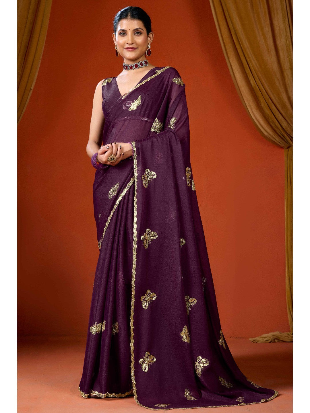 Elegant Purple Organza Chiffon Silk Saree with Delicate Embellishment - Image 1