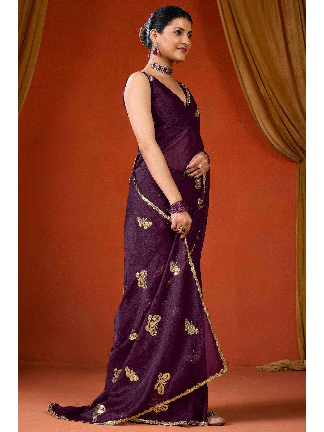 Elegant Purple Organza Chiffon Silk Saree with Delicate Embellishment - Image 4