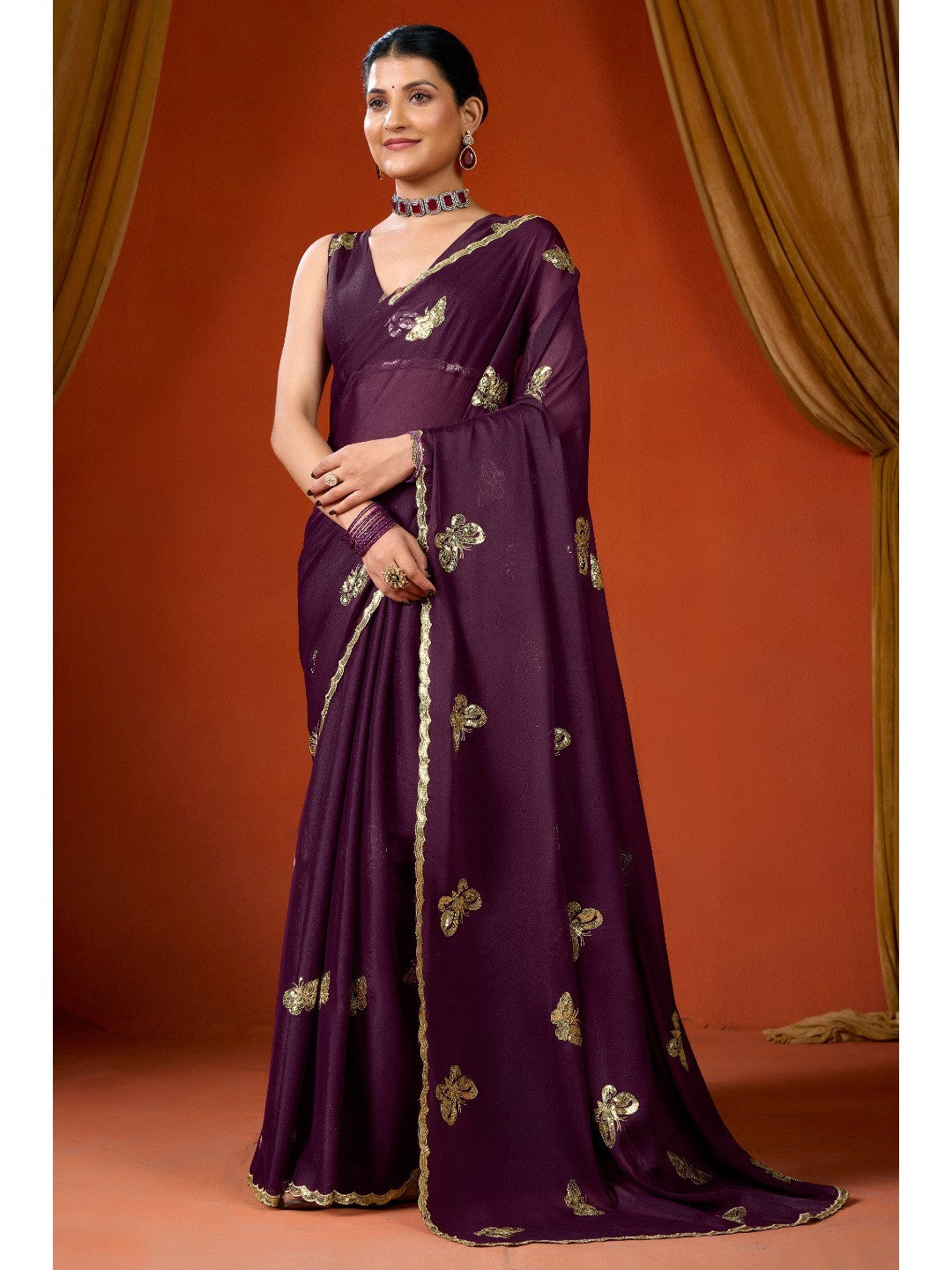 Elegant Purple Organza Chiffon Silk Saree with Delicate Embellishment - Image 8