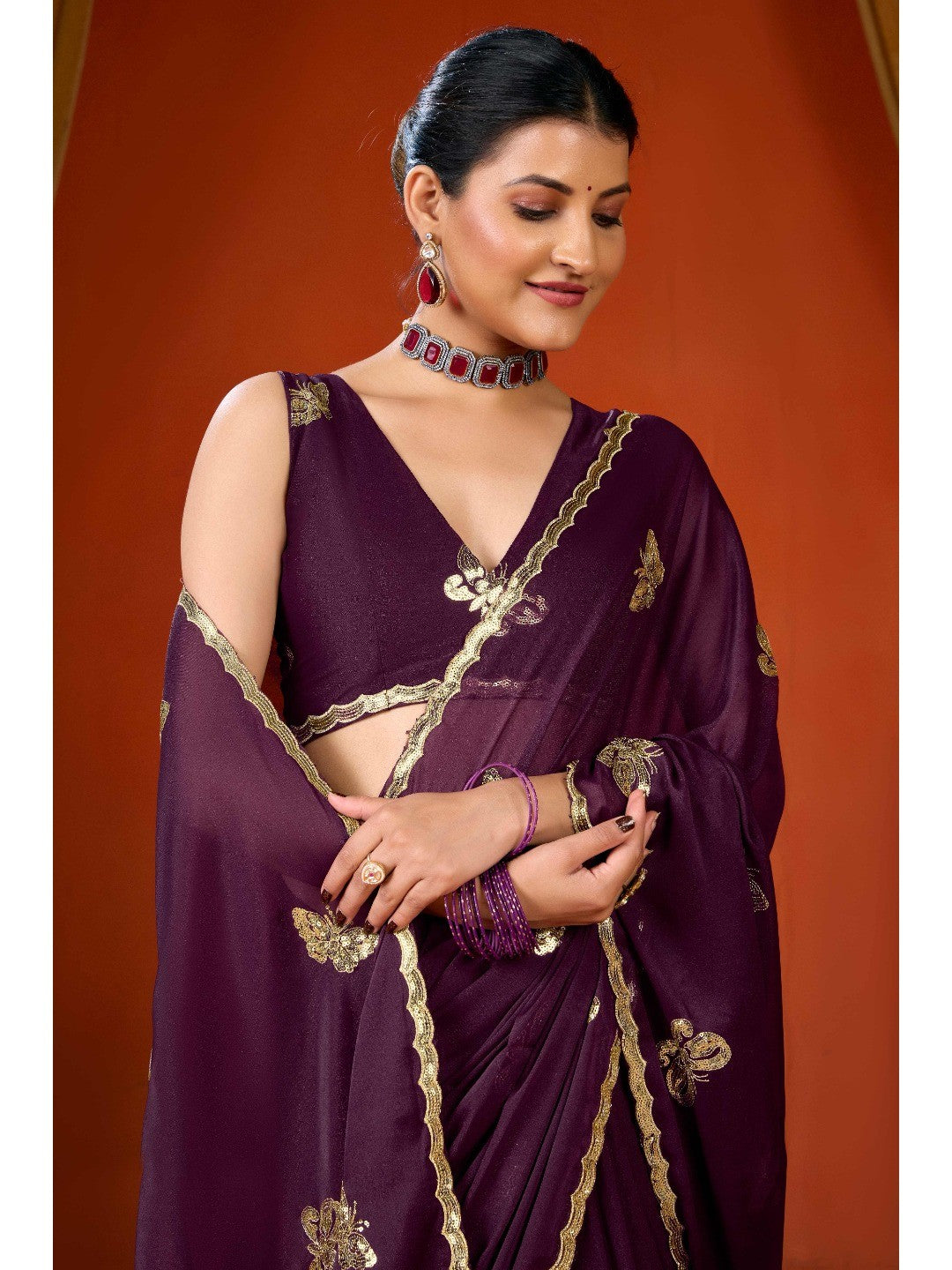 Elegant Purple Organza Chiffon Silk Saree with Delicate Embellishment - Image 7