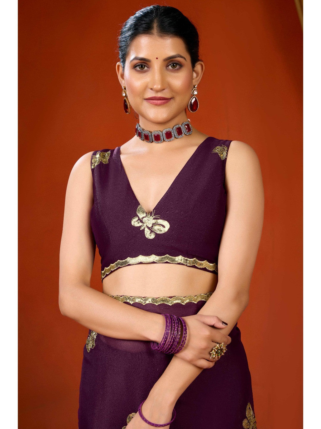 Elegant Purple Organza Chiffon Silk Saree with Delicate Embellishment - Image 2