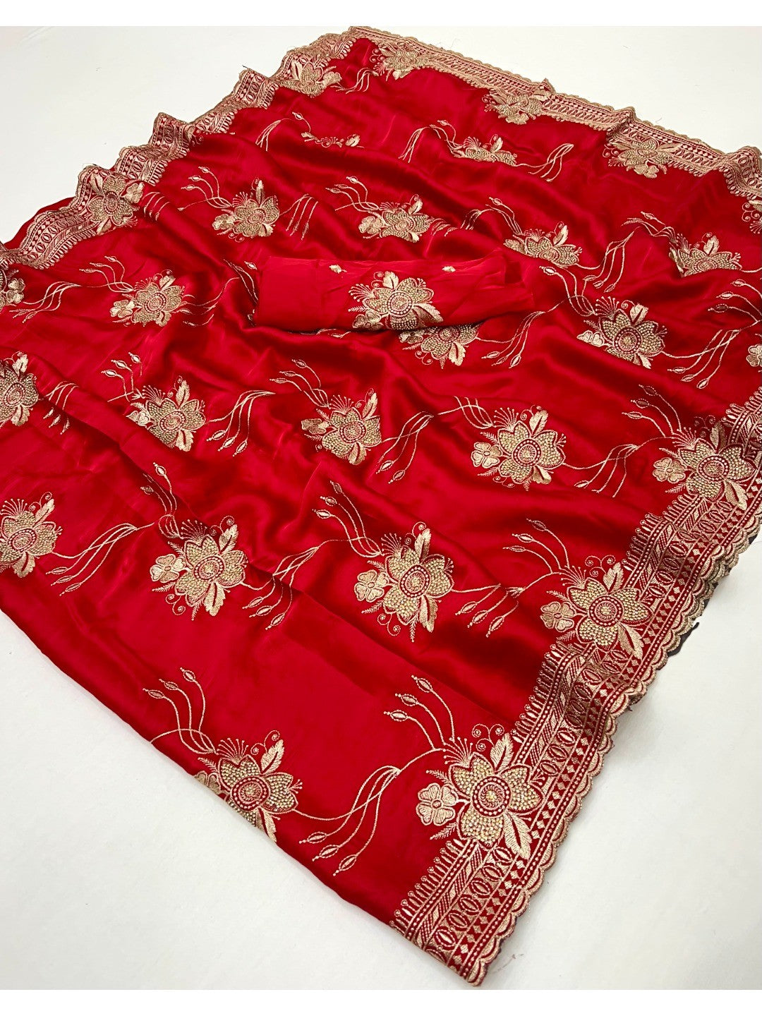 Majestic Celebration Red Satin Saree With Elegant Floral Embroidery - Image 2