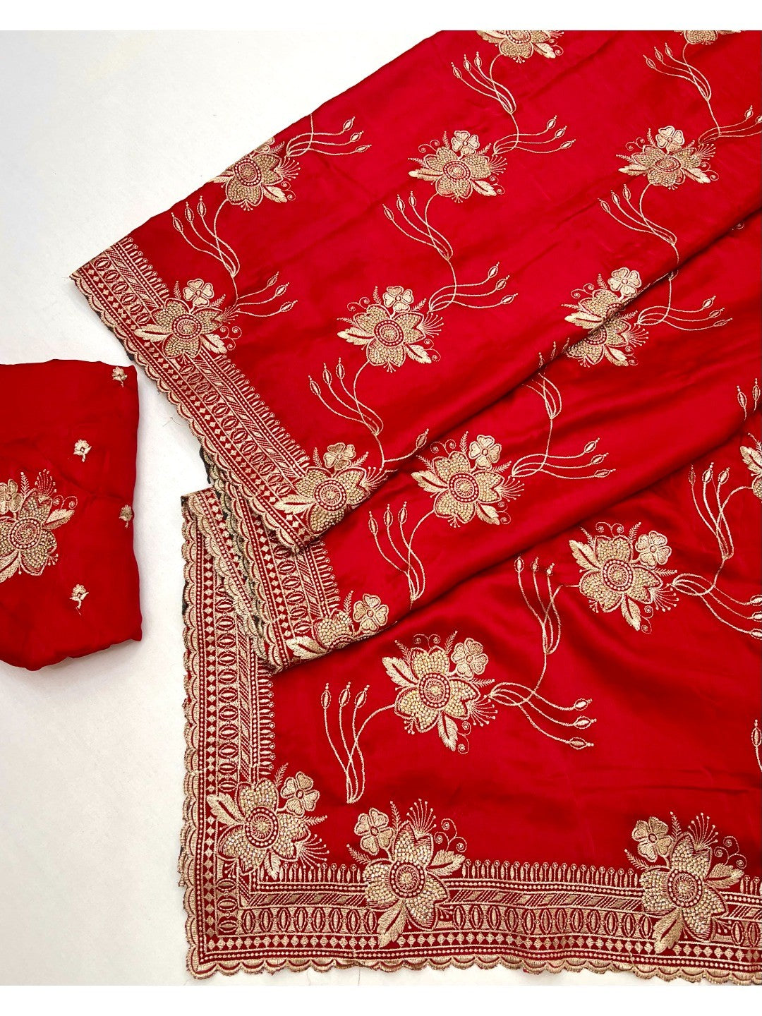 Majestic Celebration Red Satin Saree With Elegant Floral Embroidery - Image 3