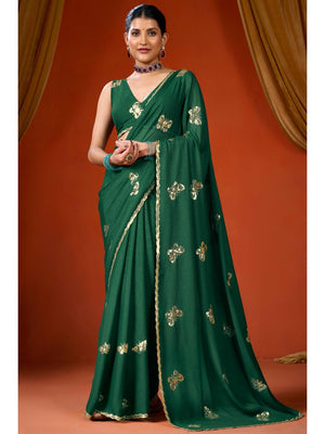 Elegant Green Organza Chiffon Silk Saree with Delicate Embellishment - Image 1